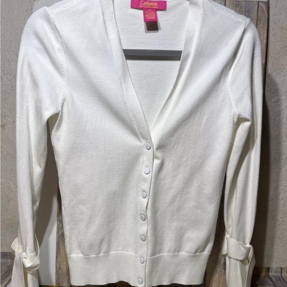 Catherine Malandrino Beige Knit Snap Up Top Cardigan Bow Sleeve Women's size XS